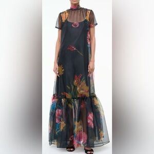 STAUD Black Floral Sheer Dress